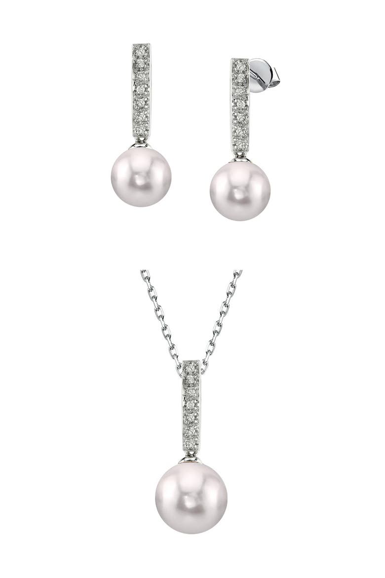Akoya Pearl Dangling Diamond Pendant & Earrings, Main, color, White Gold