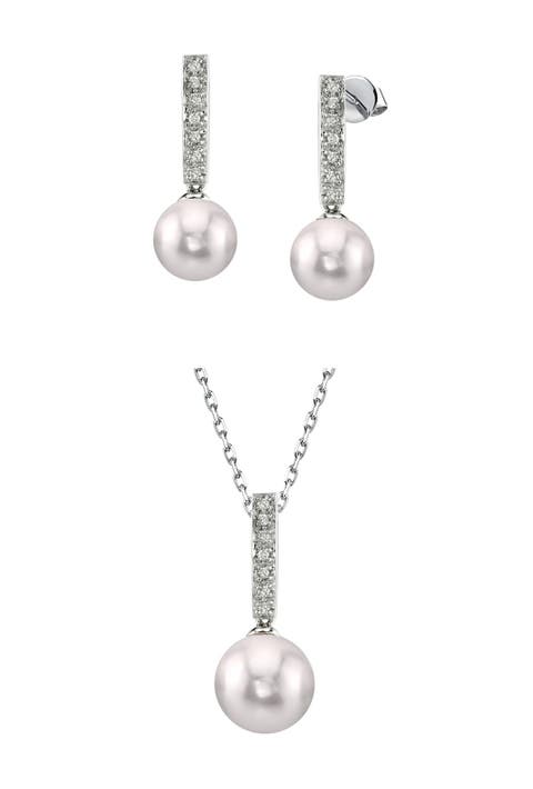 Akoya Pearl Dangling Diamond Pendant & Earrings