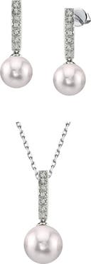 The Pearl Source Akoya Pearl Dangling Diamond Pendant & Earrings