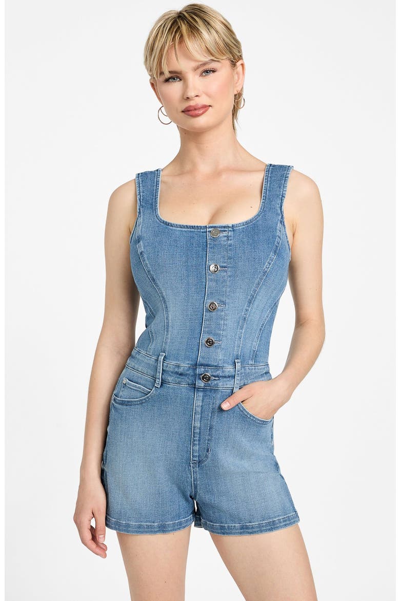 Sunni Sleeveless Stretch Denim Romper, Alternate, color, DREAM BLU
