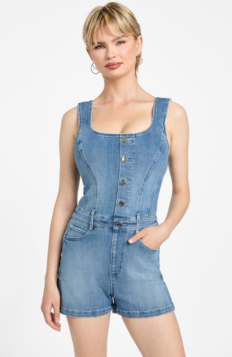 GUESS Sunni Sleeveless Stretch Denim Romper, Alternate, color, Dream Blu