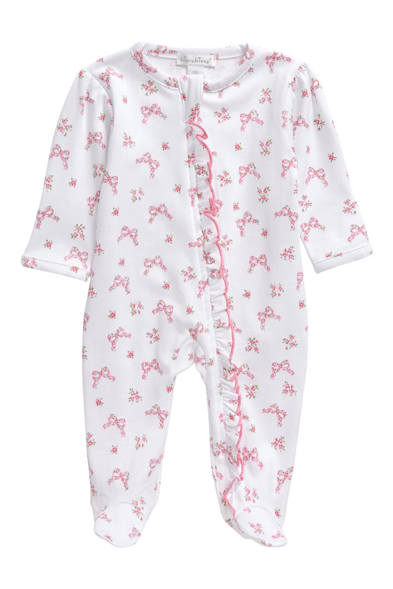Bow Print Ruffle Pima Cotton Footie, Main, color, PINK