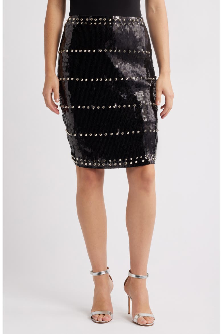 Dagny Stud Sequin Skirt, Main, color, BLACK