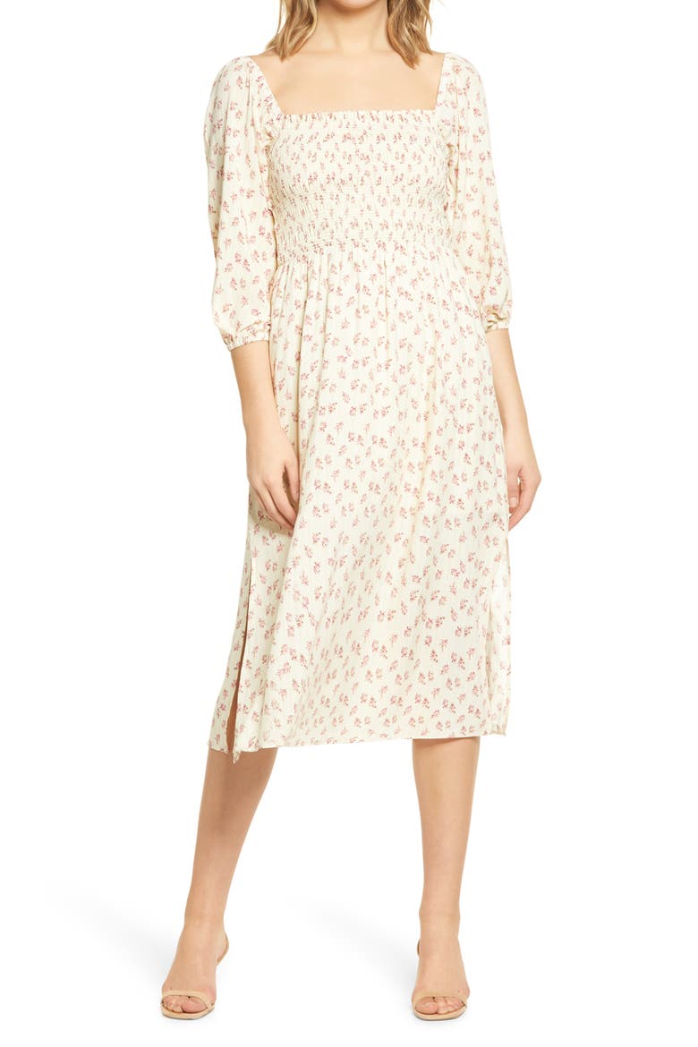 Nevaeh Smocked Midi Dress, Main, color, BUTTER WALLPAPER FLORAL