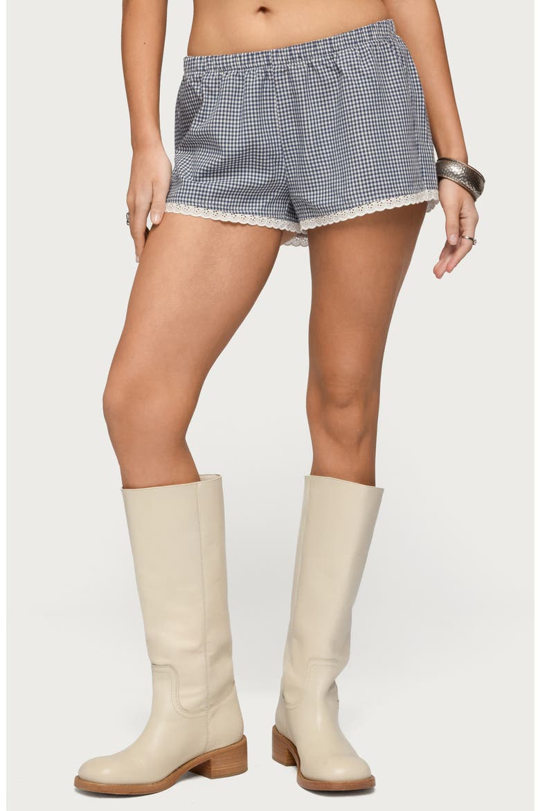 Ellie Gingham Lace Trim Shorts, Main, color, WHITE-AND-NAVY