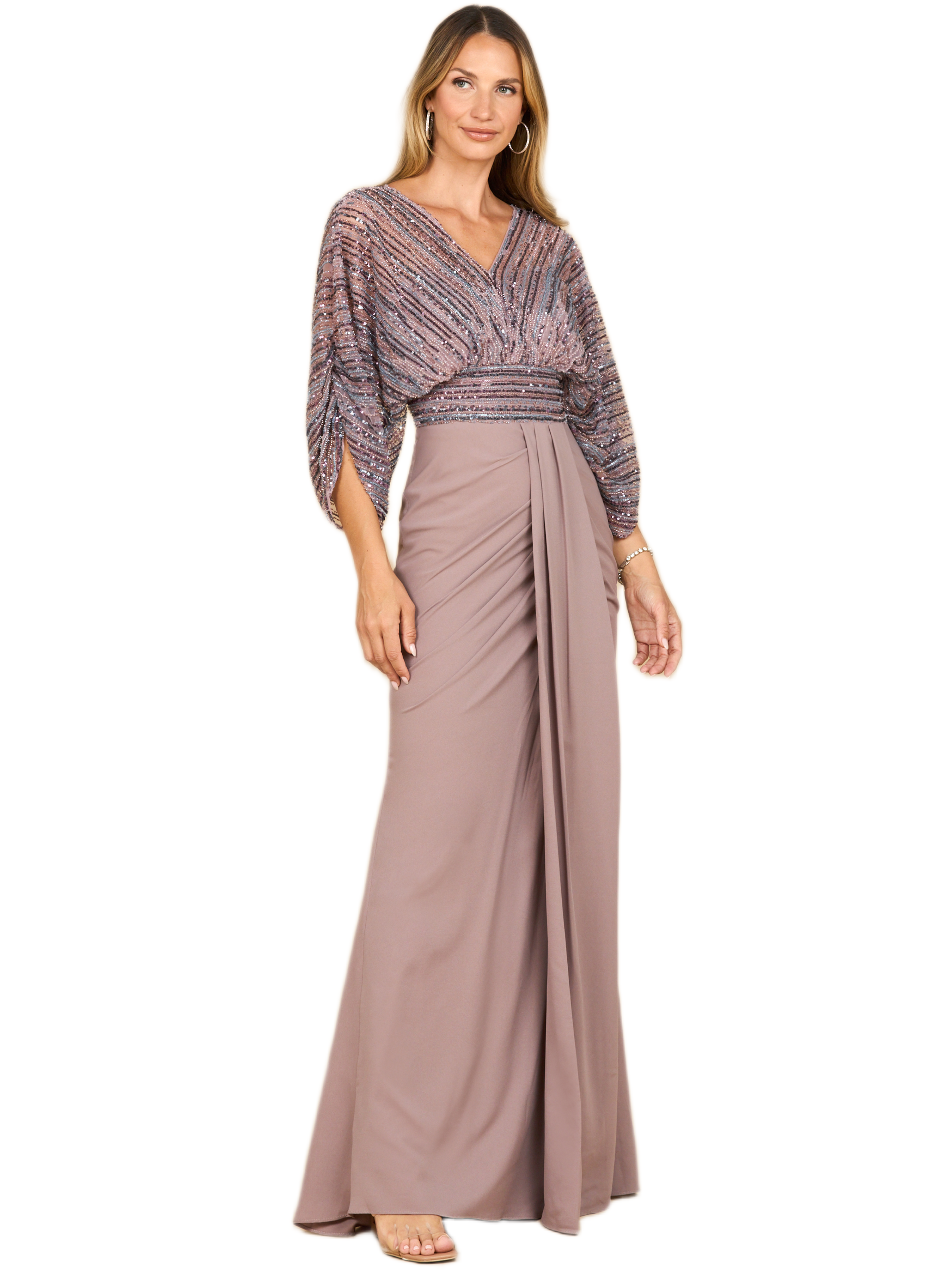 LARA New York Draped Skirt Gown with Cape Sleeves