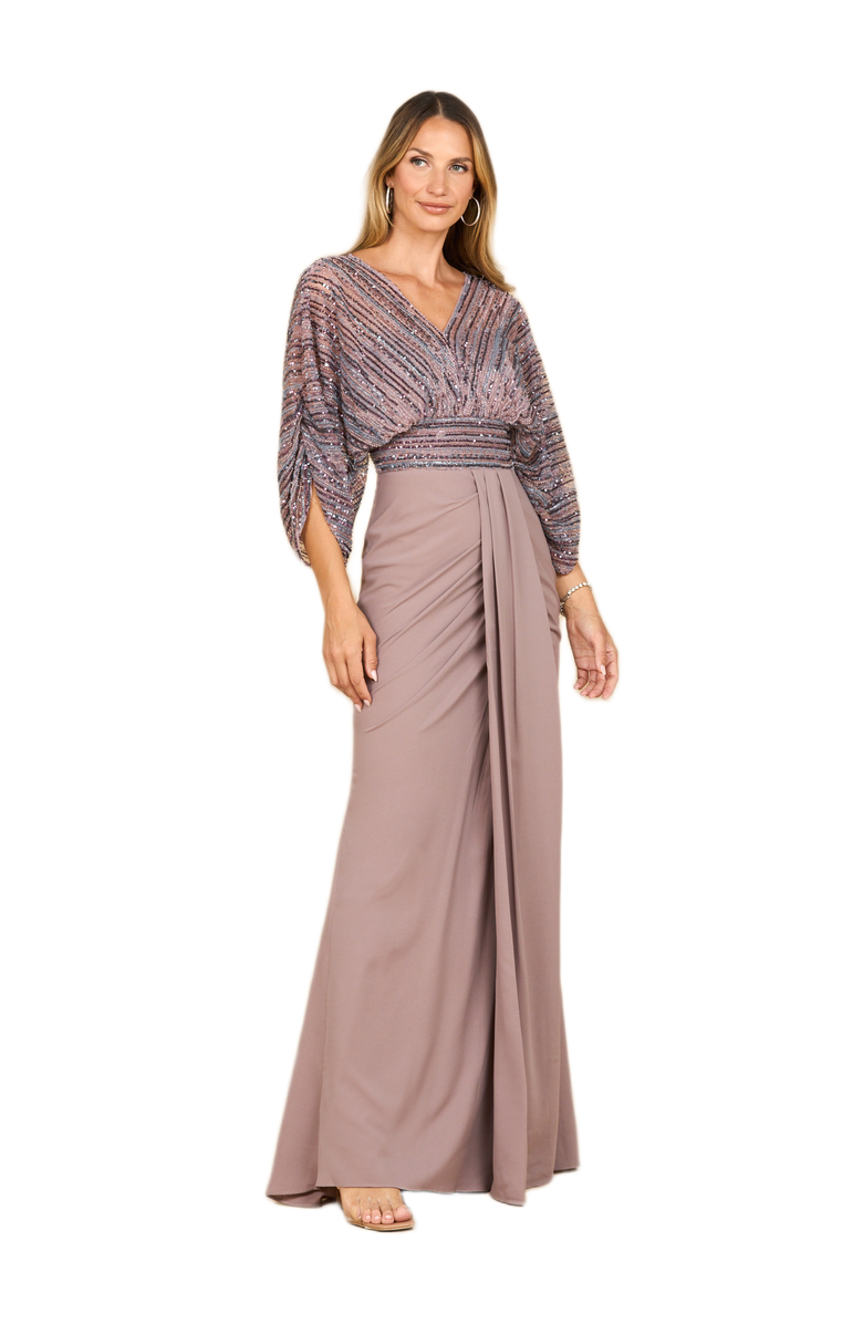 LARA New York Draped Skirt Gown with Cape Sleeves, Main, color, Dusty Purple