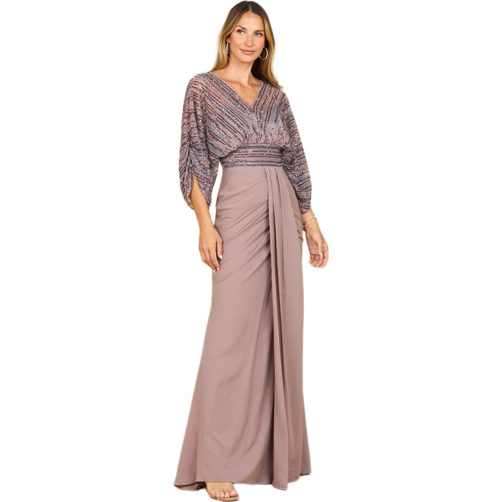 Lara New York Draped Skirt Gown With Cape Sleeves In Purple