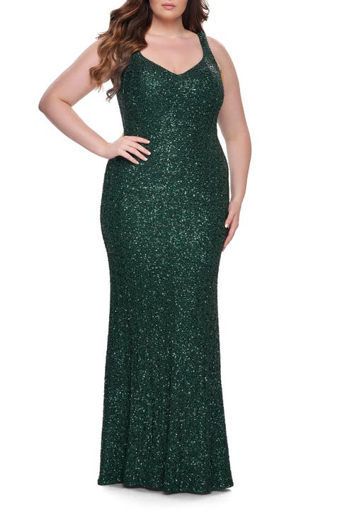 Fitted Stretch Sequin Plus Size Dress with V-Neck
