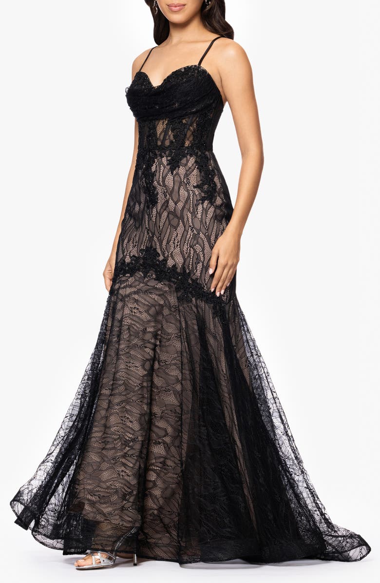 Blondie Nites Sequin Embroidered Trumpet Gown, Alternate, color, Black/ Nude