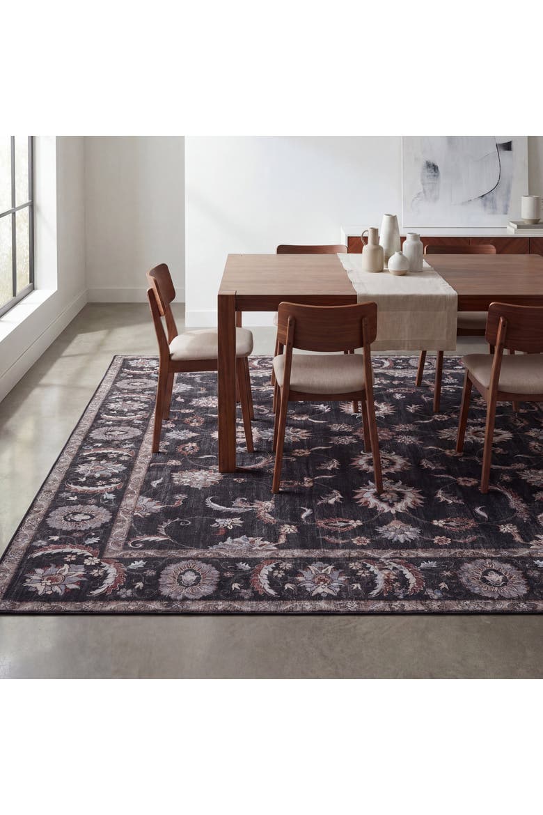 Arabella Vintage Floral Border Non-Slip Machine-Washable Dark Gray/Multi 4 ft. x 6 ft. Area Rug, Main, color, Dark Gray/Multi