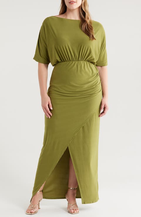 Batwing Sleeve Front Slit Jersey Dress (Plus)
