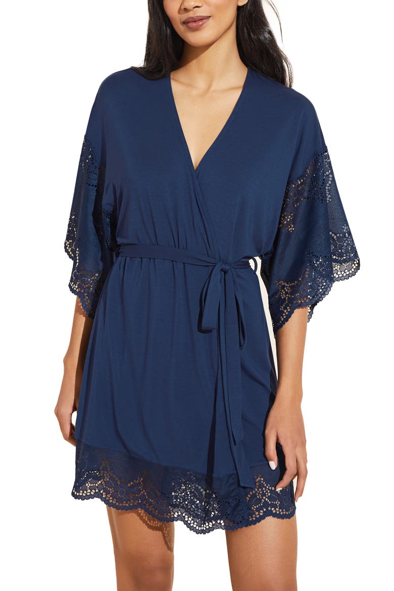 Beatrix Lace Sleeve Jersey Knit Robe, Main, color, NAVY