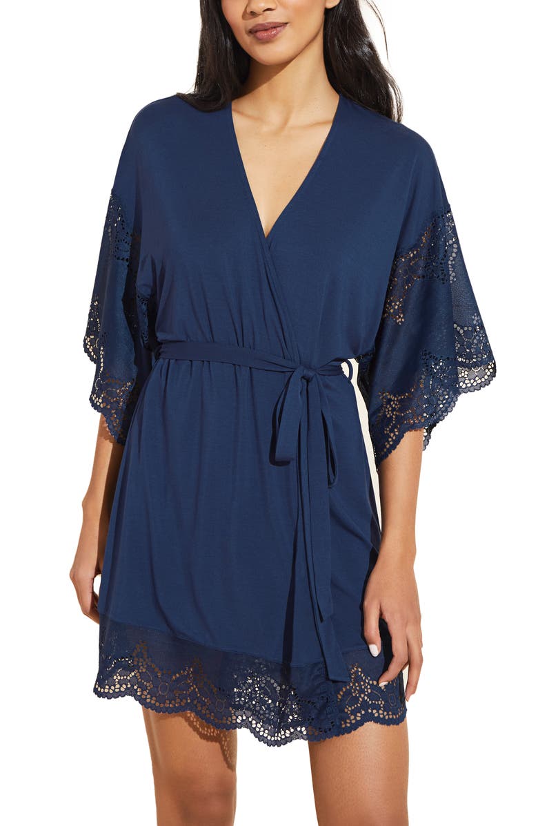 Eberjey Beatrix Lace Sleeve Jersey Knit Robe, Main, color,