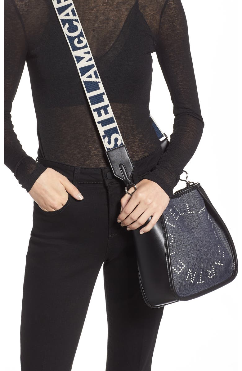 Stella McCartney Mini Embroidered Logo Denim & Faux Leather Crossbody Bag, Alternate, color,