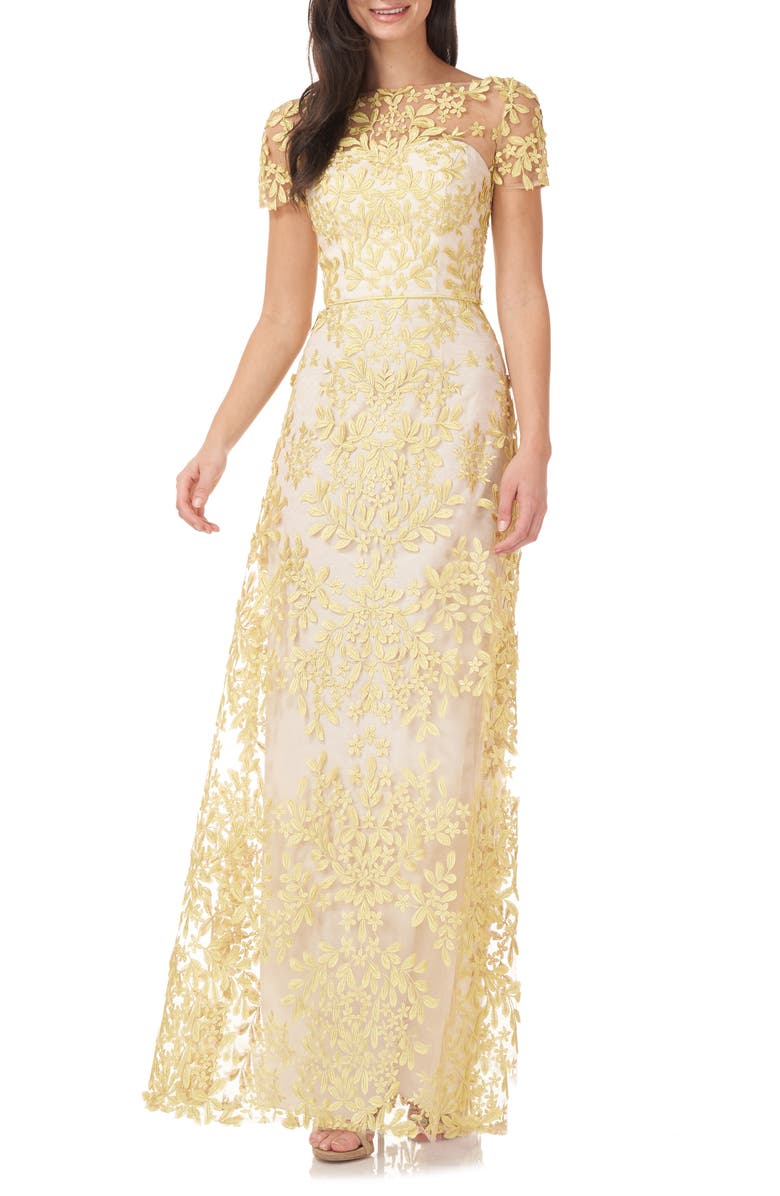 JS Collections Floral Appliqué Mesh A-Line Gown, Main, color,