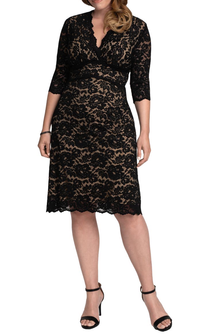 Scalloped Boudoir Lace Sheath Dress, Main, color, BLACK LACE/NUDE LINING