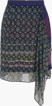Modenaire Geometric Print Chiffon Midi Skirt with Draped Asymmetric Side Panel
