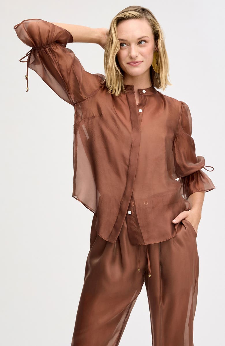Sam Edelman Semi Sheer Button-Up Tie Cuff Top, Alternate, color, Mocha