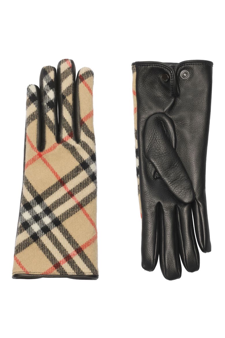 Large Core Check Leather & Wool Blend Gloves, Main, color, SAND CHECK