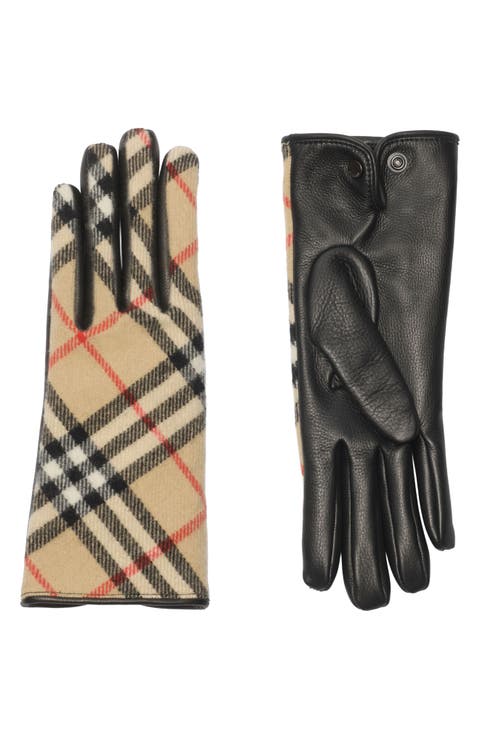 Large Core Check Leather & Wool Blend Gloves