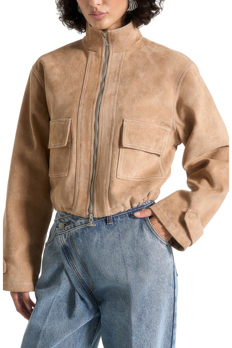 Nawel Suede Contrast Stitch Jacket With Cinched Hem, Alternate, color, Beige