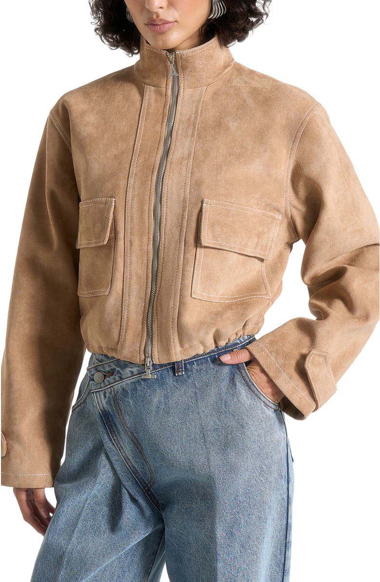 Manière De Voir Nawel Suede Contrast Stitch Jacket With Cinched Hem, Alternate, color, Beige