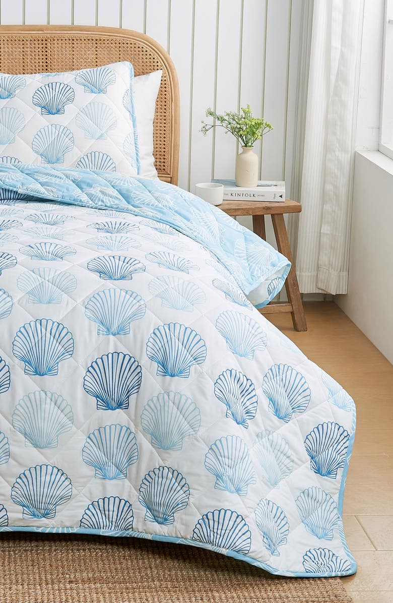 Woven & Weft Blue Seashells Reversible Microfiber Quilt Set, Main, color, Blue Seashells