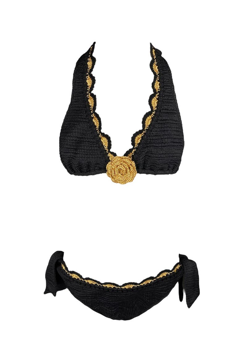 Kids' Triangle Hand-Crochet Flower Detail Two-Piece Swimsuit, Main, color, Black