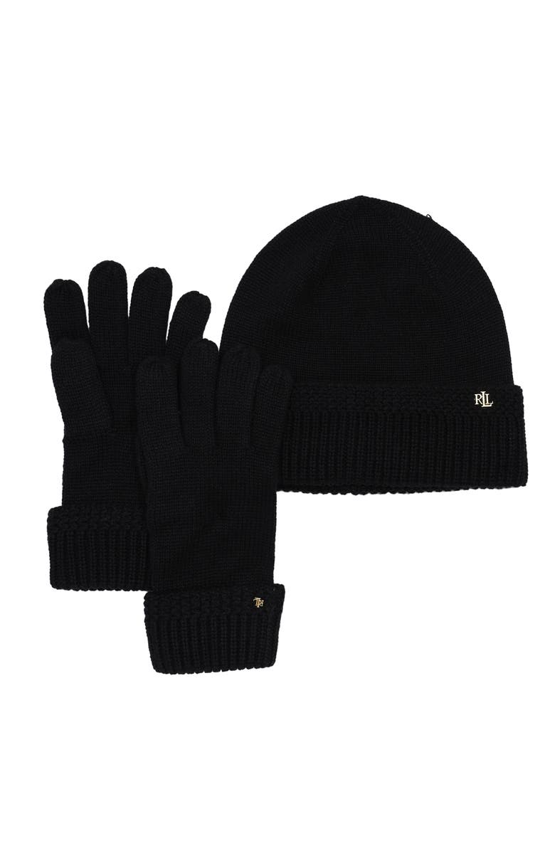 ZZDNU Lauren Ralplh Lauren Racking Stitch Knit Beanie And Glove Giftset, Alternate, color, Black