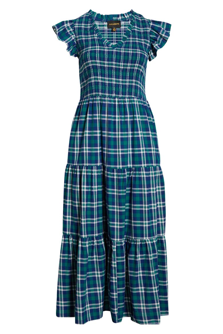 Buckley Plaid Sunfire Smocked Cotton Tiered Maxi Dress, Alternate, color, NAVY-GREEN