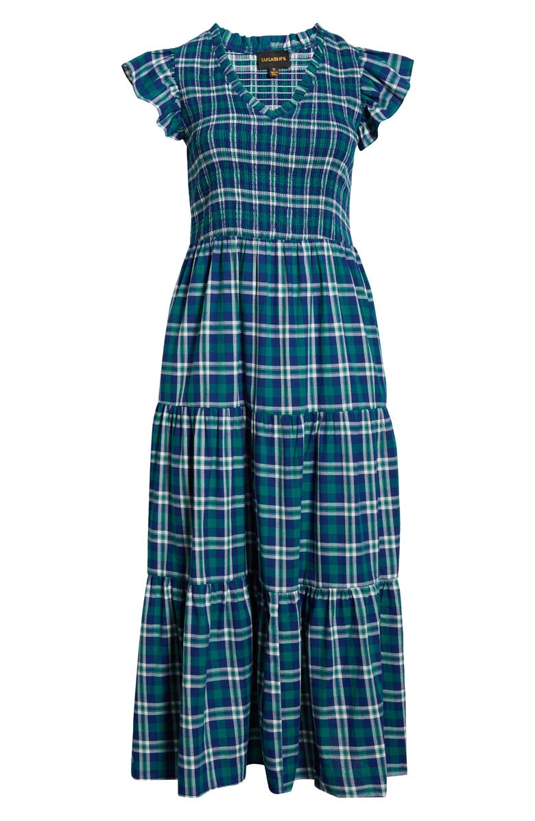 SUGARLIPS Buckley Plaid Sunfire Smocked Cotton Tiered Maxi Dress, Alternate, color, Navy-Green