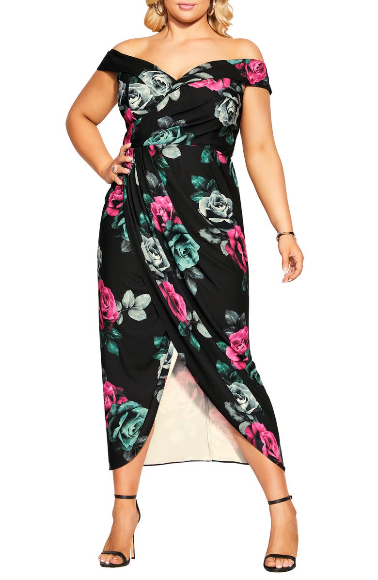 City Chic Clementine Off the Shoulder Tulip Hem Dress, Main, color, 