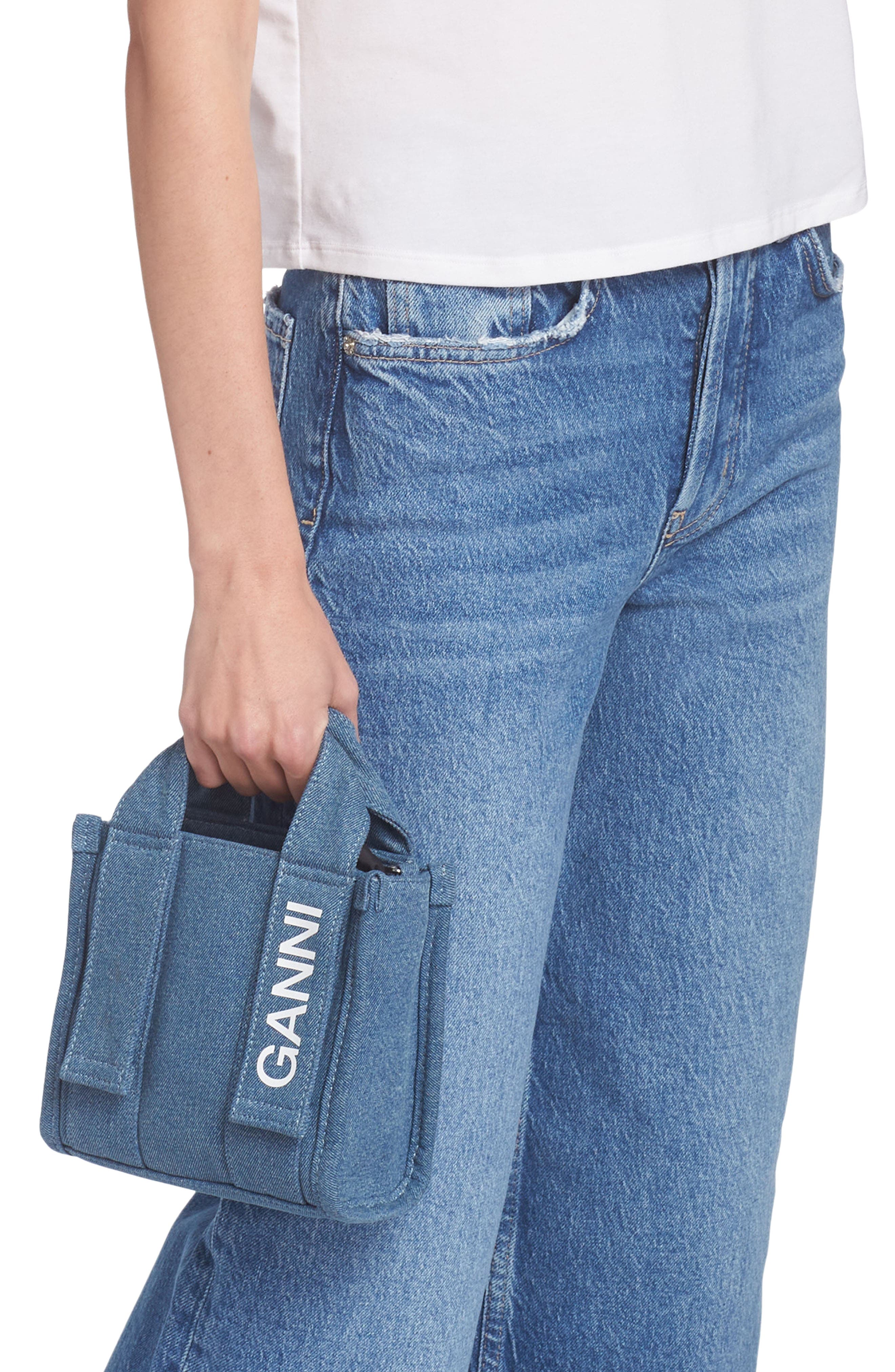 Ganni Mini Recycled Polyester Denim Tech Tote, Alternate, color, 