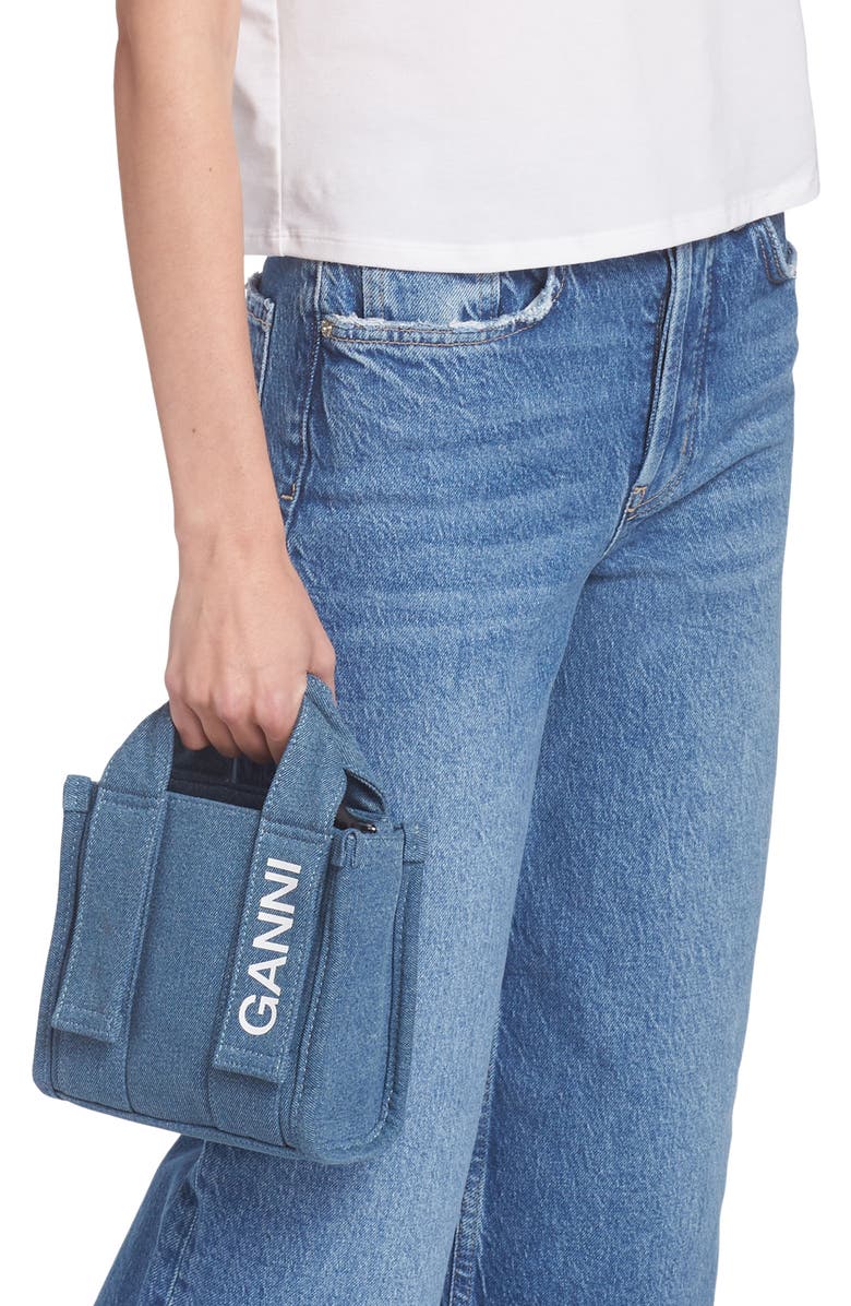 Ganni Mini Recycled Polyester Denim Tech Tote, Alternate, color,