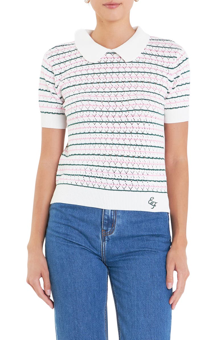 English Factory Sports Club Stripe Pointelle Short Sleeve Sweater, Main, color, 