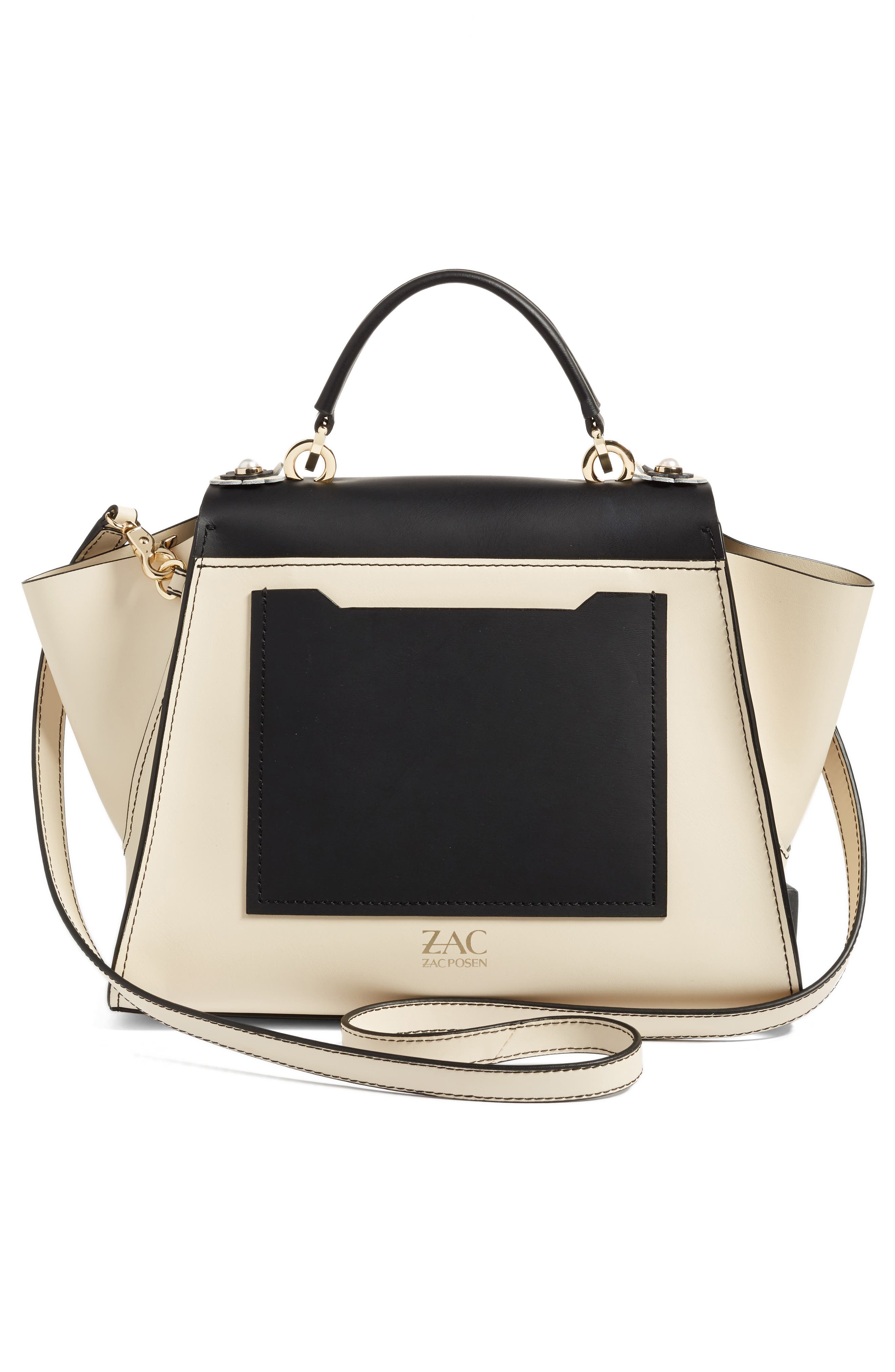 Eartha Embellished Leather Top Handle Satchel, Alternate, color, BLACK/ WHITE FLORAL APP
