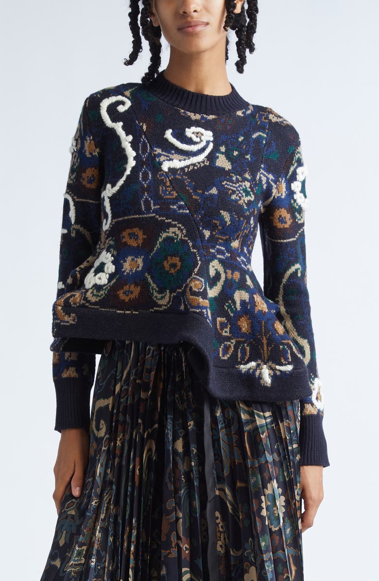 Sacai Floral Jacquard Asymmetric Wool Sweater, Main, color, Navy