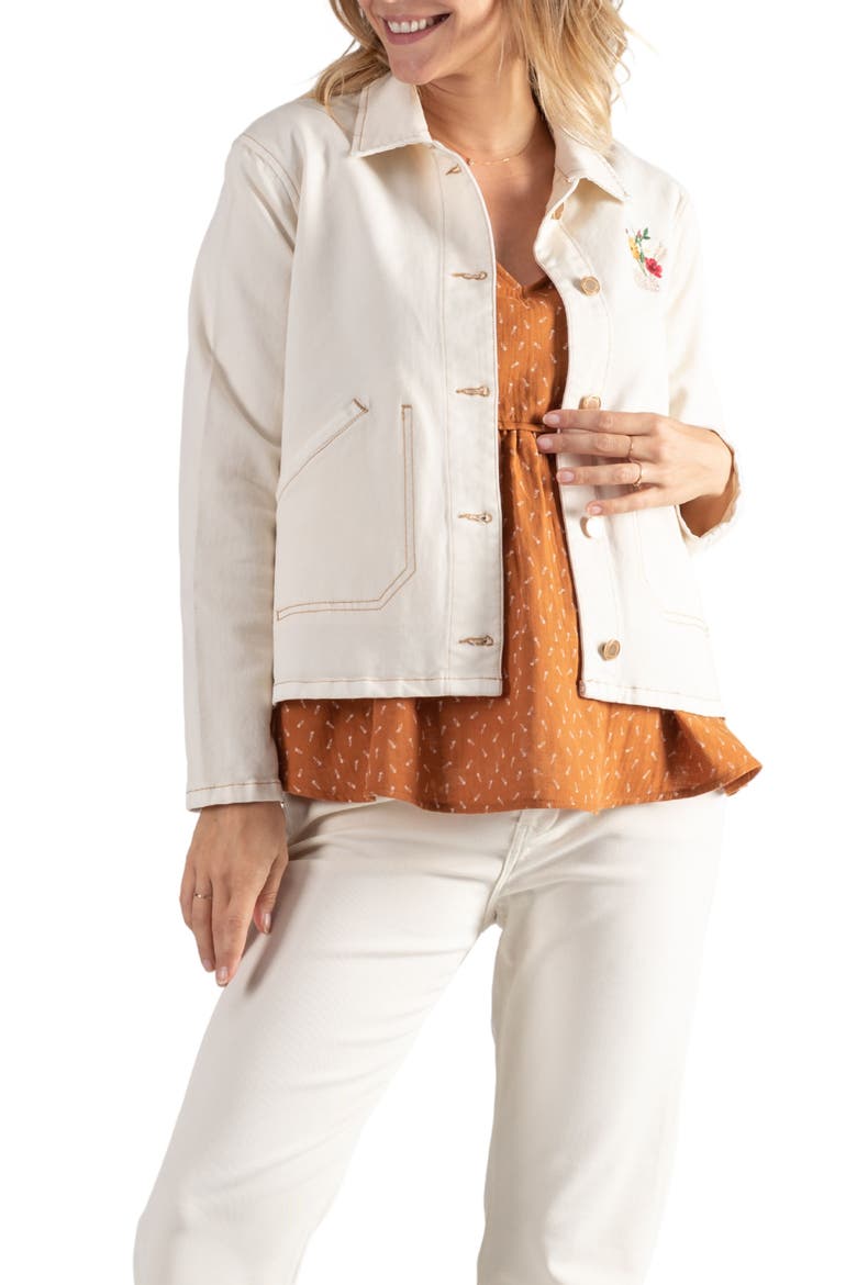 Romy Floral Embroidered Maternity/Nursing Denim Jacket, Alternate, color, BEIGE