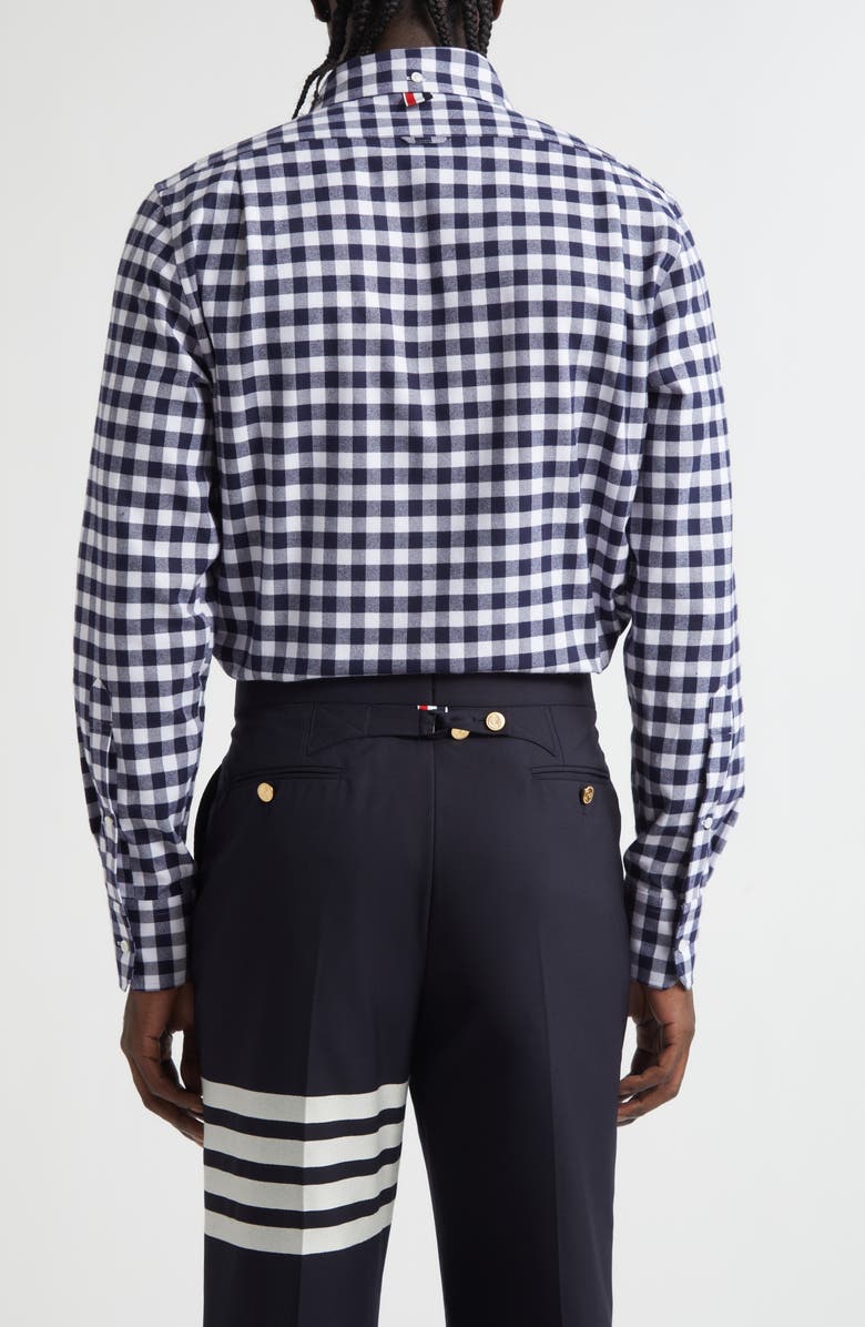 Thom Browne Bird Appliqué Gingham Straight Fit Cotton Flannel Button-Down Shirt, Alternate, color, Navy