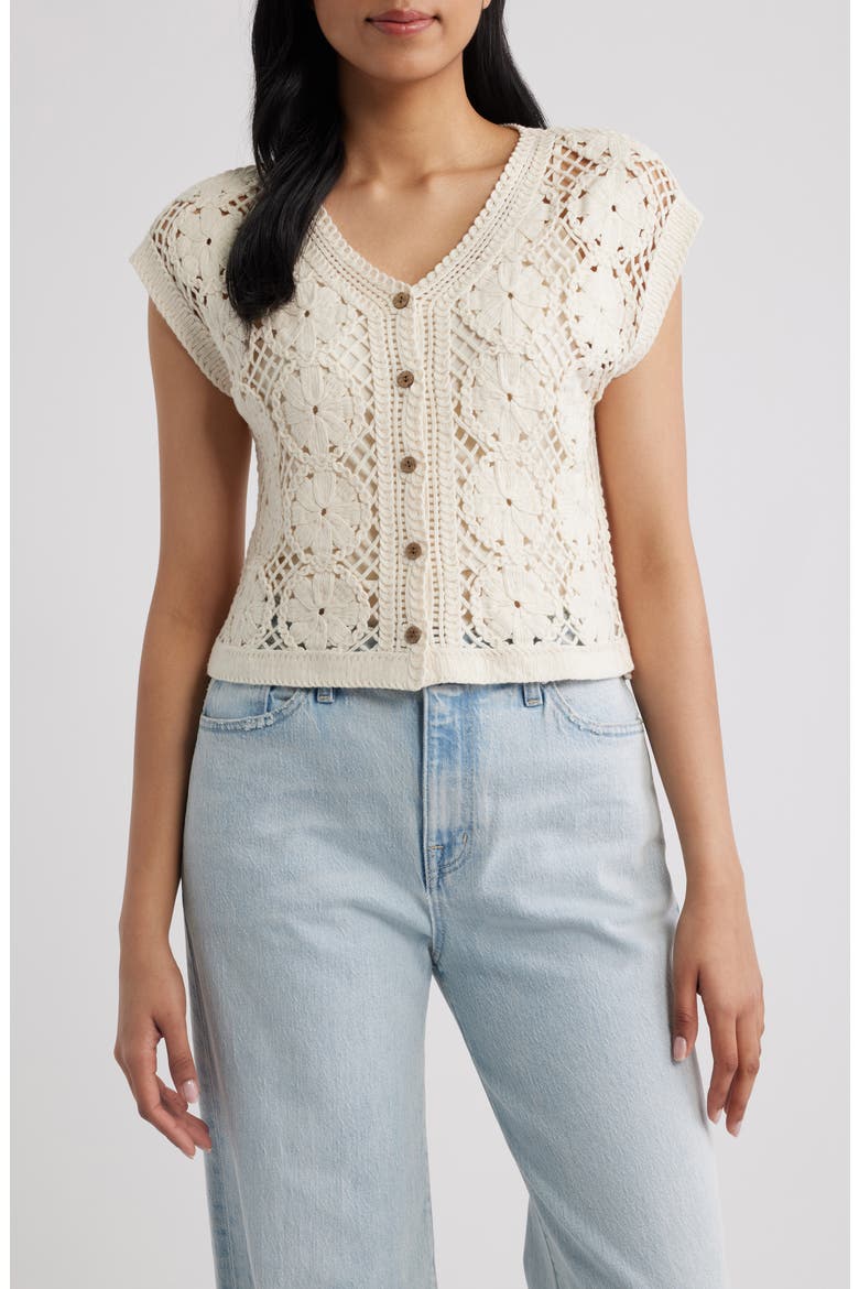 Floral Open Stitch Cotton Blend Sweater, Main, color, LIGHT OATMEAL