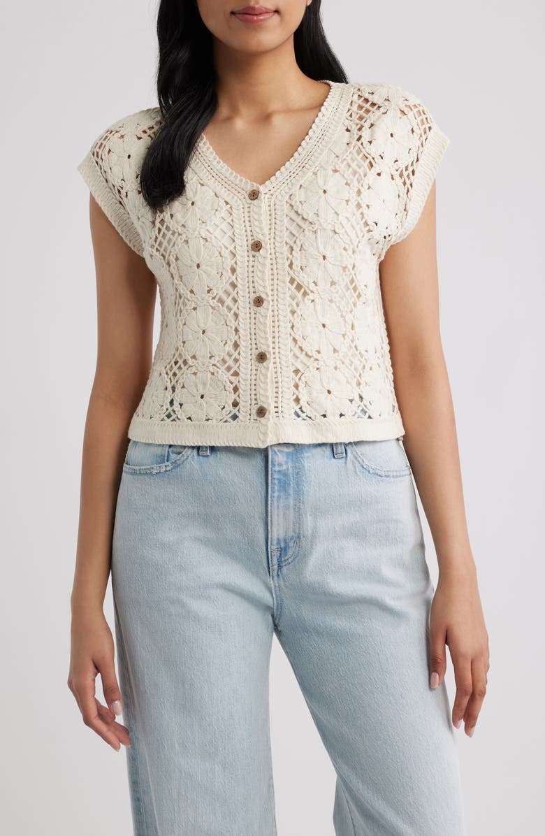 Bobeau Floral Open Stitch Cotton Blend Sweater, Main, color, Light Oatmeal