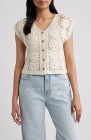 Bobeau Floral Open Stitch Cotton Blend Sweater
