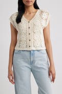 Bobeau Floral Open Stitch Cotton Blend Sweater