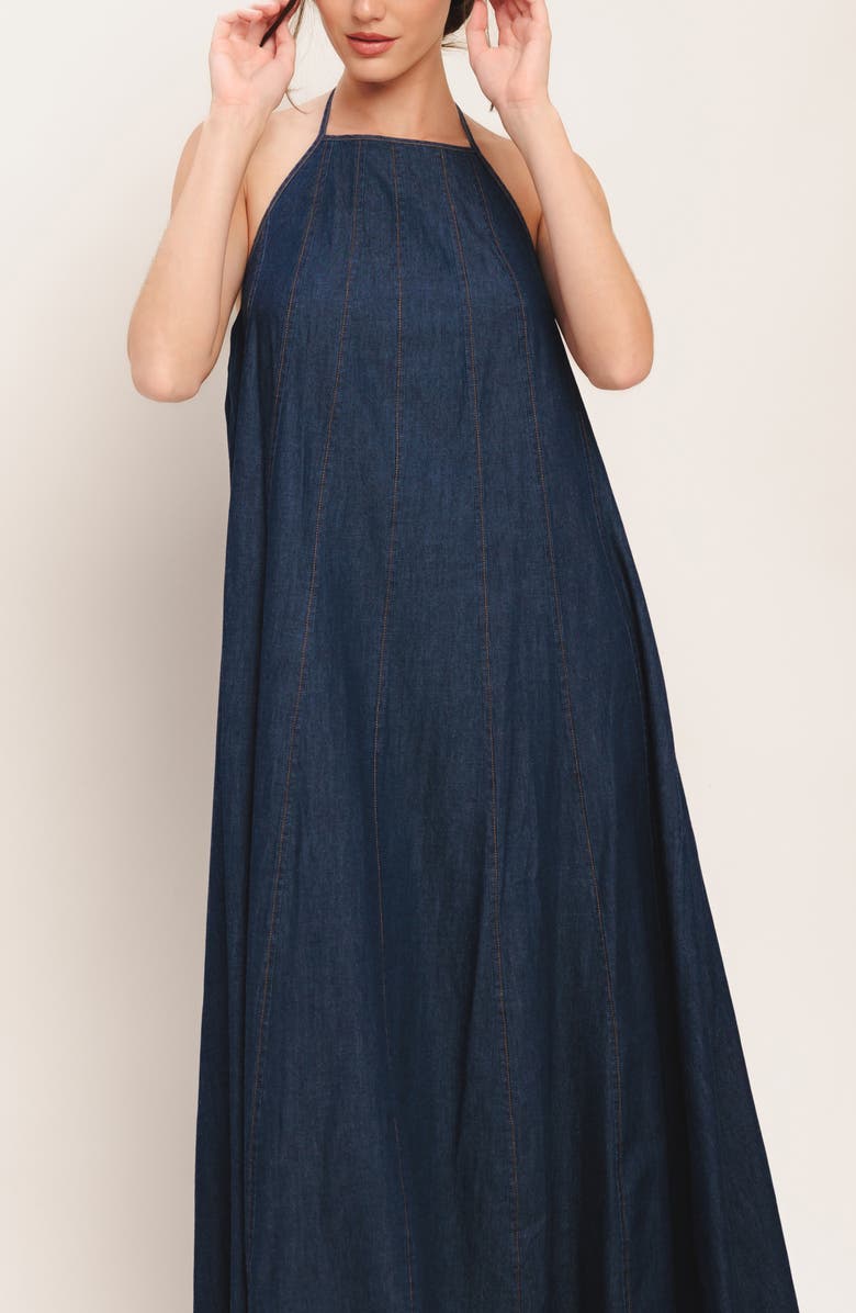 FLYING TOMATO Halter Denim Maxi Dress, Alternate, color, Dark Indigo