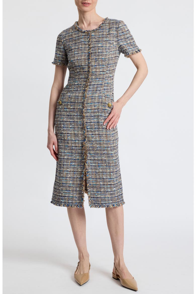 Nisha Short Sleeve Midi Sheath Tweed Dress, Main, color, Indigo