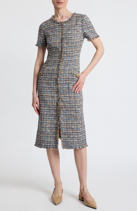 Nisha Short Sleeve Midi Sheath Tweed Dress