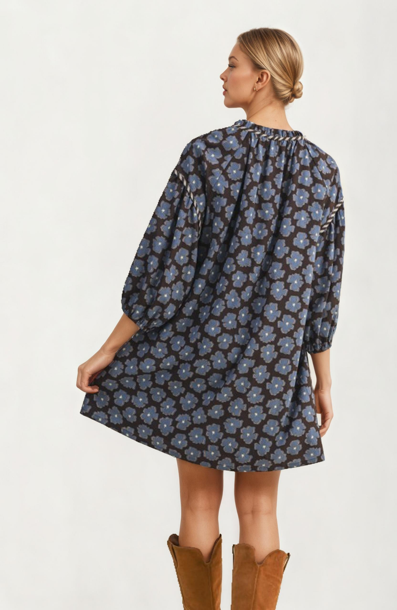 Knit and Lounge Floral Tie Neck Mini Dress With Long Sleeves, Alternate, color, Blue Floral