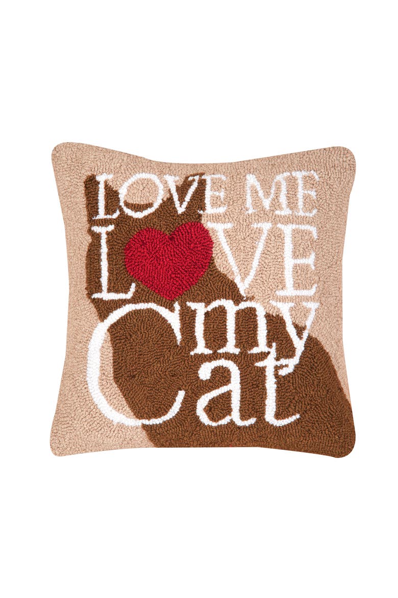 Cat Love Hooked Accent Throw Pillow, 18" x 18", Main, color, Brown