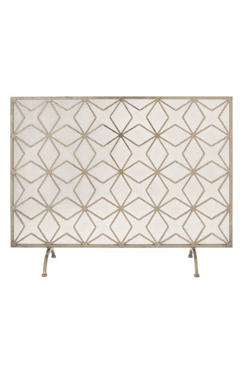 Goldtone Metal Star Pattern Single Panel Geometric Fireplace Screen wtih Mesh Netting